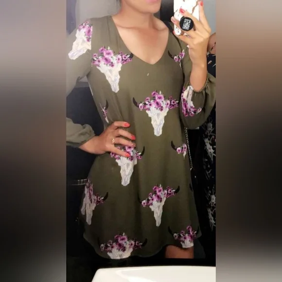 Altar'd State - Olive Green Dress w/ Purple/Pink Floral Skull Print - Picture 9 of 10